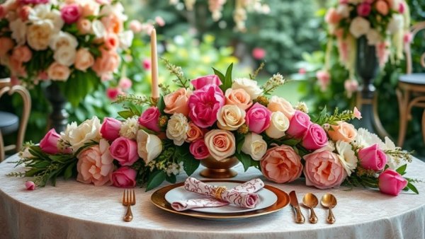 Maximalist garden wedding table with floral decor and elegant setting.