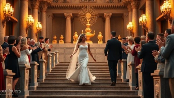 Stone-Hued Weddings at Petra Theater: Couple in white at twilight venue