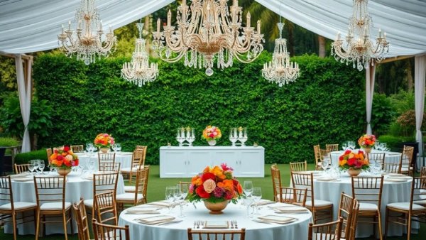 Luxurious wedding setup with floral centerpieces and chandeliers.