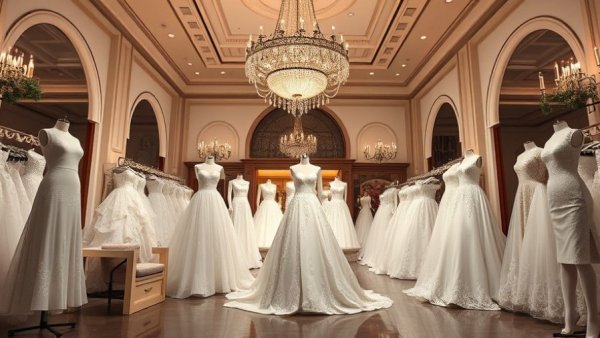 Elegant bridal shop with wedding dresses and chandelier lighting.