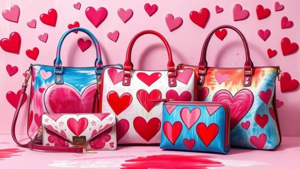 Artistic Valentine's Day gifts: handbags and wallets with heart patterns on pink.