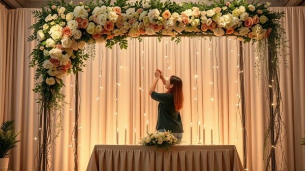 Wedding vendors setting up floral arch and table.