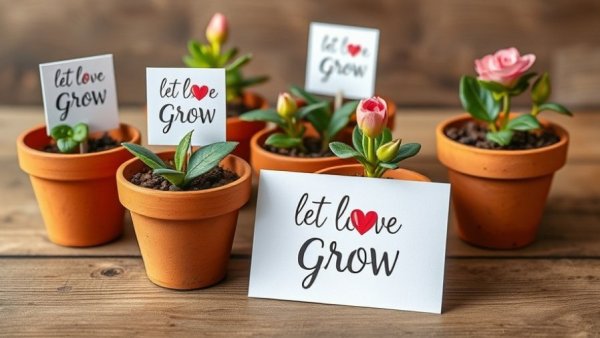 Charming Let Love Grow wedding favors in terracotta pots on a table.
