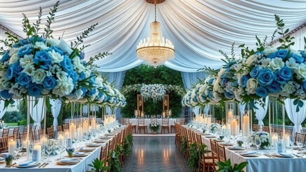 Coastal wedding inspiration with luxurious blue and white decor.