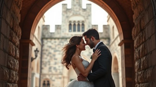 Romantic wedding couple under stone archway, intimate moment.