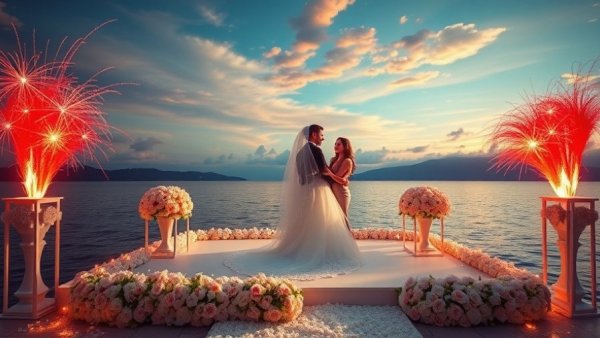 Monochromatic White Wedding with vibrant color splashes above, couple embracing.