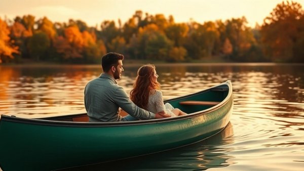 Romantic couple in canoe on lake at sunset surrounded by autumn trees.