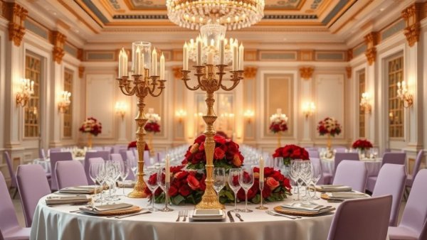 Elegant wedding venues table setting with candles and flowers