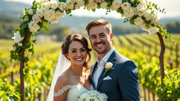 Elegant couple under floral arch at vineyard wedding in Europe.