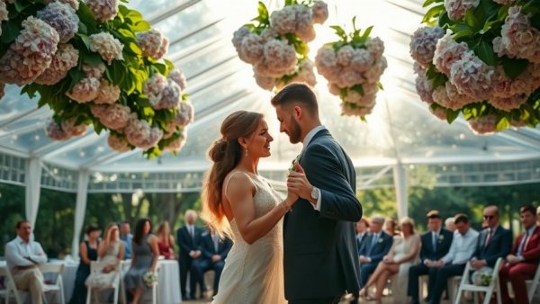 Hydrangea wedding inspiration with couple dancing beneath floral decor.