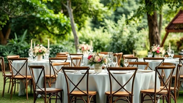 Outdoor wedding venue with elegant table setup and greenery.