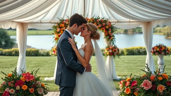 Impressionist-Inspired wedding decor with vibrant florals and couple embracing.