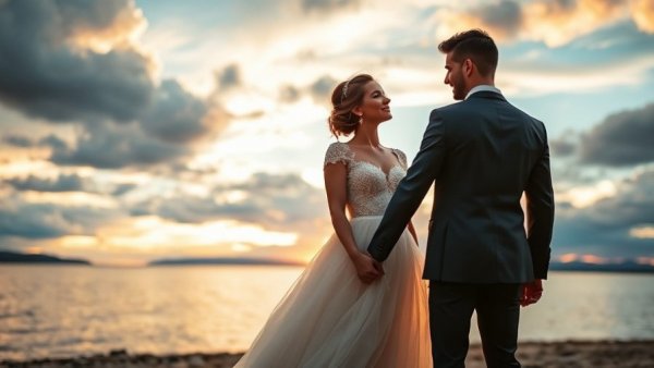 Romantic lakeside elopement at sunset highlighting wedding contrast.