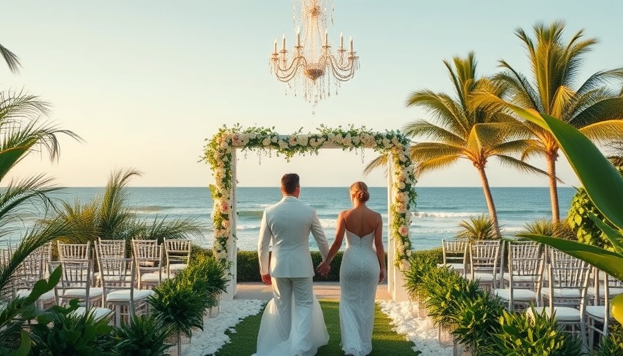 Elegant coastal wedding design with a couple walking hand in hand.