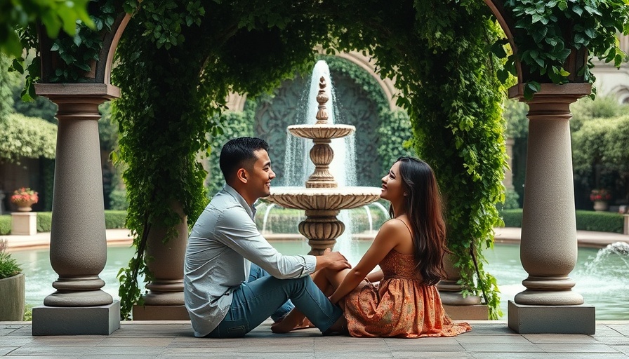 Wedding vendors scene with couple in lush garden.