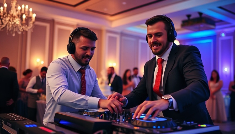 Energetic DJ team performing at a vibrant wedding reception.