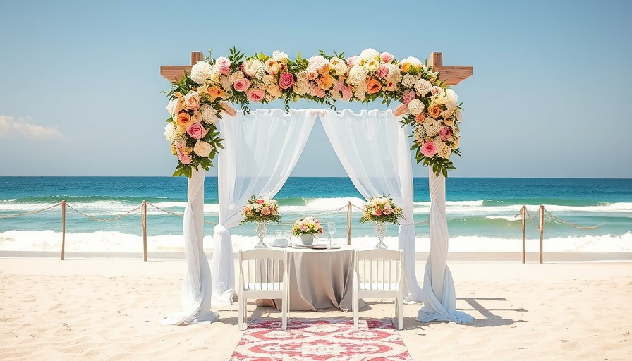 Serene beach wedding arch setup under a clear sky.