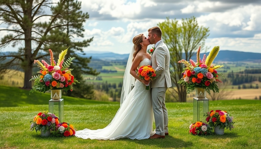 Elegant spring outdoor wedding scene with kissing couple and floral decor.