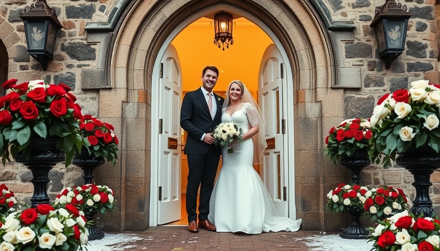 Winter Wedding Planning: Happy couple at church entrance.