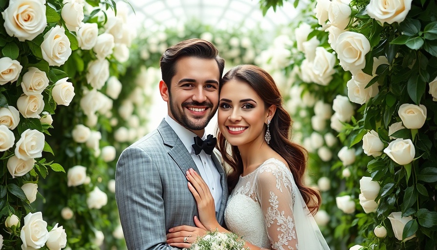 Elegant wedding couple posing with floral white roses backdrop