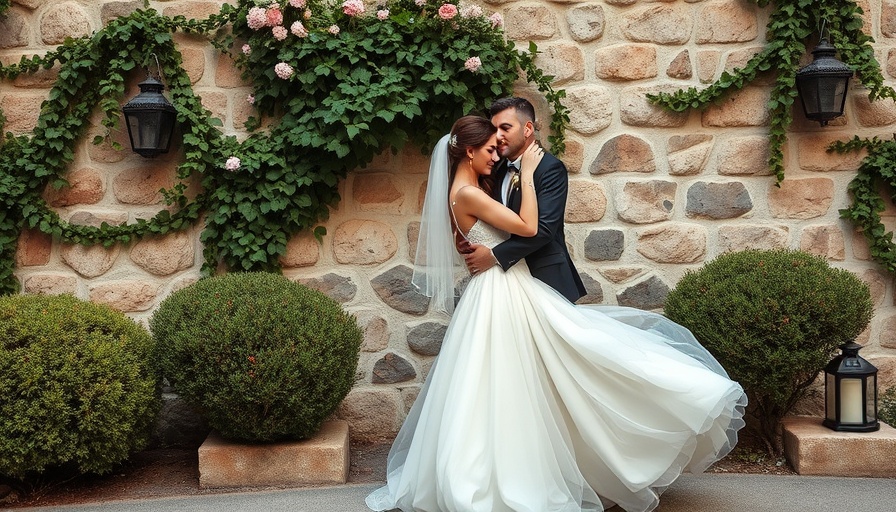 Romantic countryside wedding embrace with rustic stone backdrop.