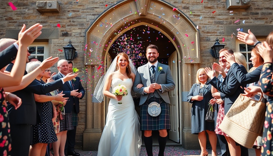 Joyful wedding couple under colorful confetti at dinner party wedding.