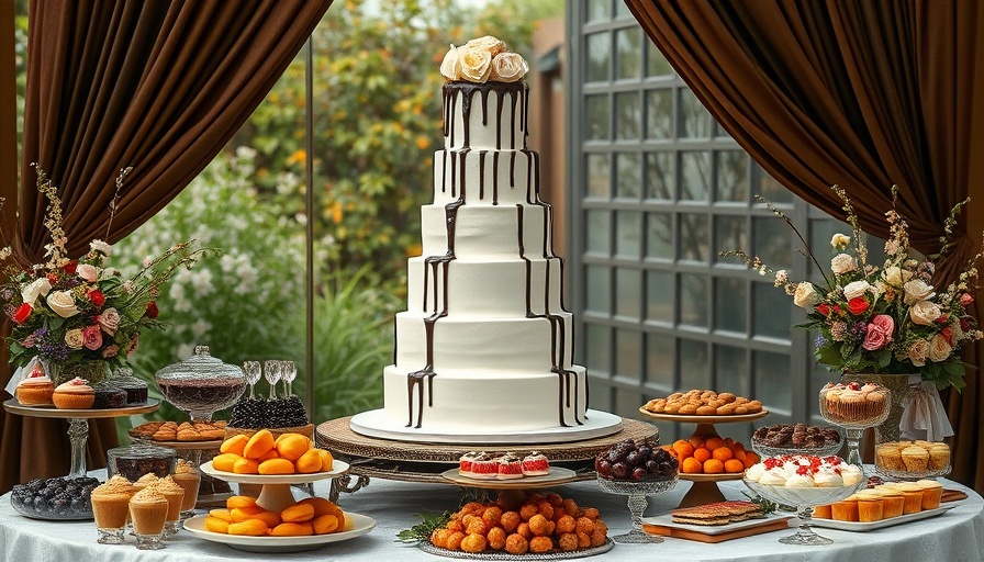 Elegant dark chocolate wedding cake display outdoors.