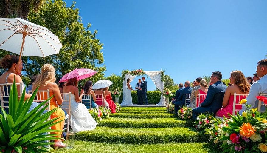 Charming outdoor Mexico City wedding venue with guests holding parasols.