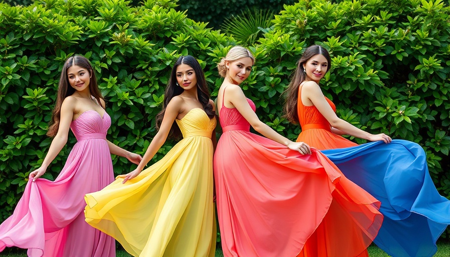 Elegant women in vibrant spring bridesmaid dresses amid lush greenery.
