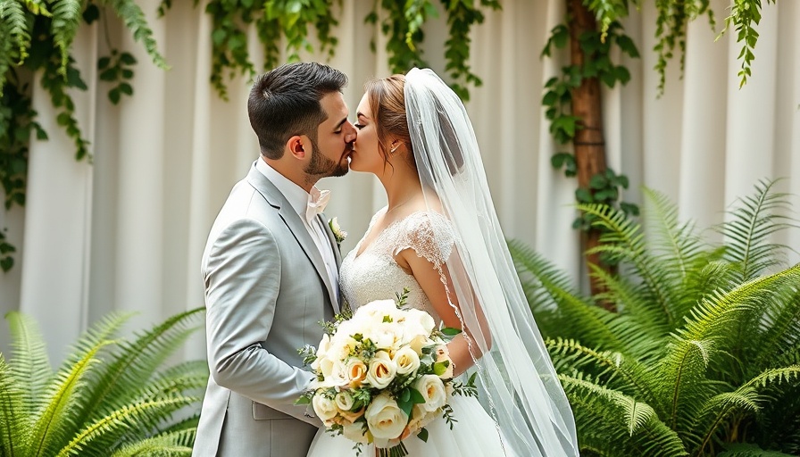 Destination wedding in Barcelona, couple kissing in lush garden.