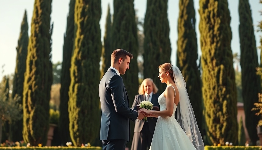 Italian villa wedding in Los Angeles under tall cypress trees.