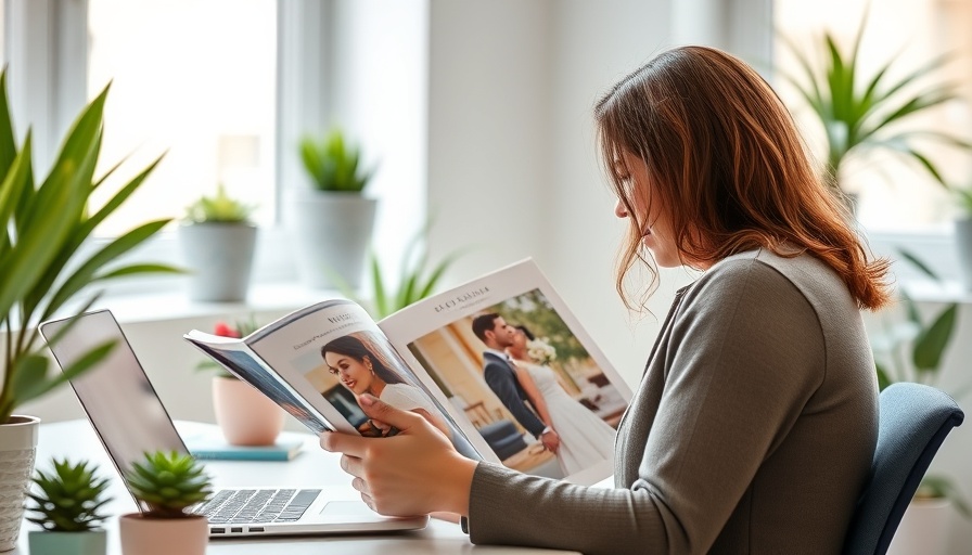 A person browsing a wedding magazine for SEO insights in a modern office.