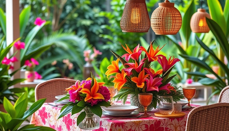Chic garden wedding table with tropical twist, vibrant floral decor.