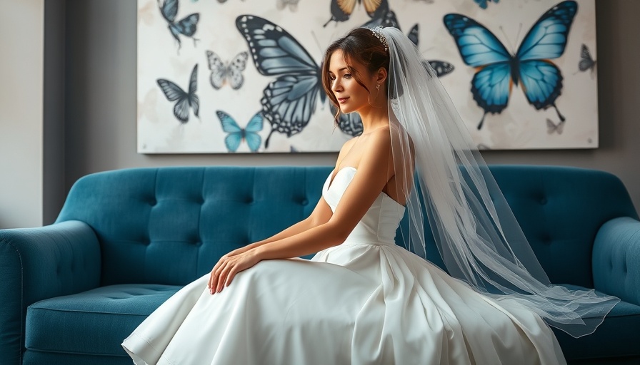 Elegant bride at Gulf Stream Golf Club Weddings sitting on blue couch.