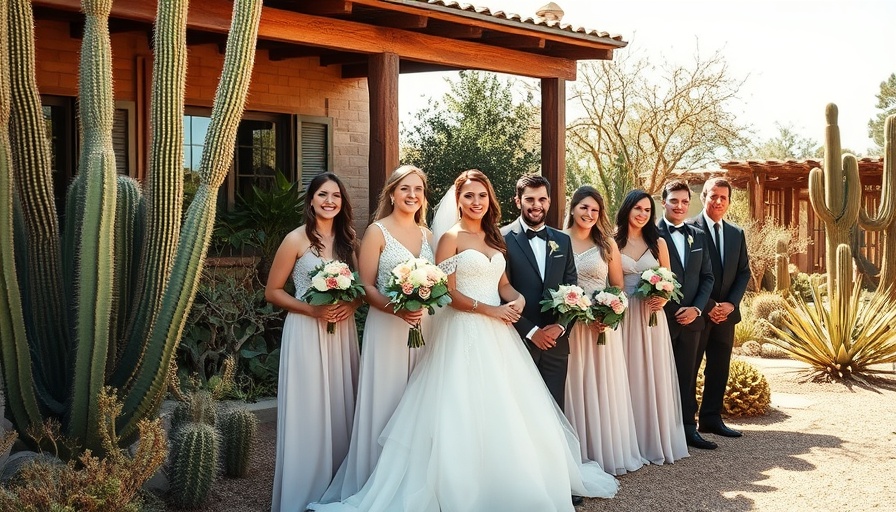 Wedding party in a desert garden venue with the bride and groom.
