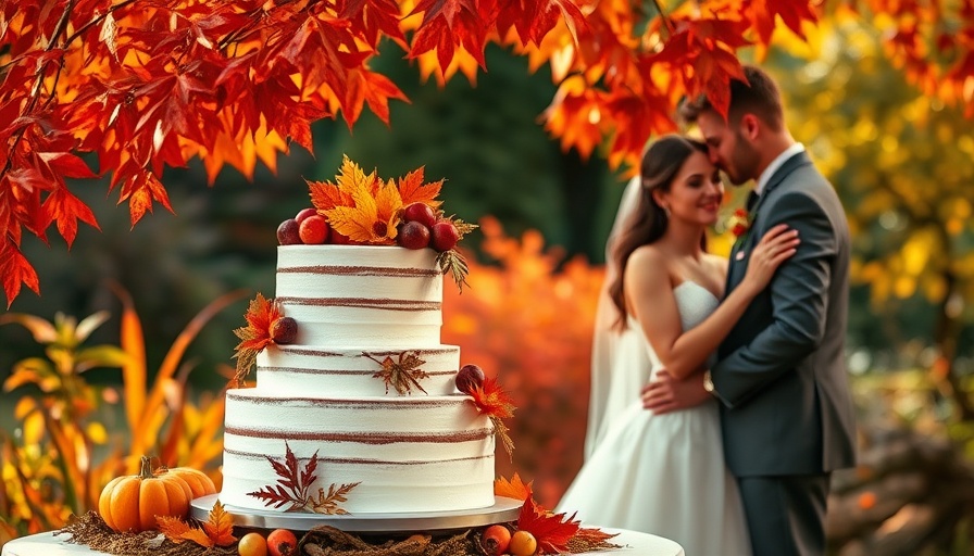 Elegant autumn wedding features, cake, couple, bouquet.