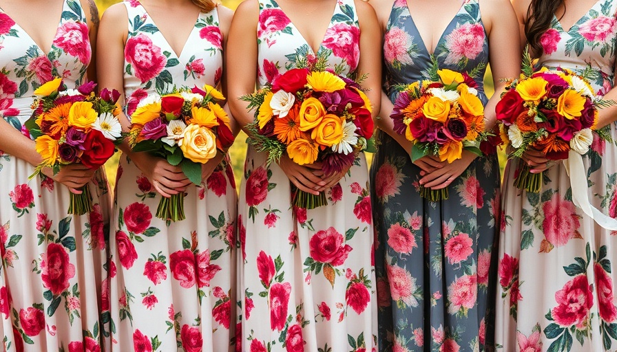 Colorful bouquets held by bridesmaids in floral dresses at fall wedding