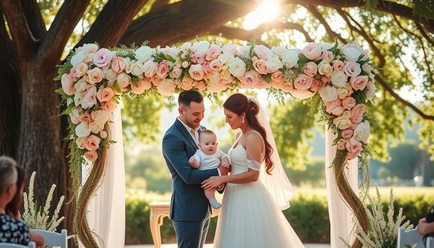 Elegant wedding scene with floral arch at sunset inspired venue.