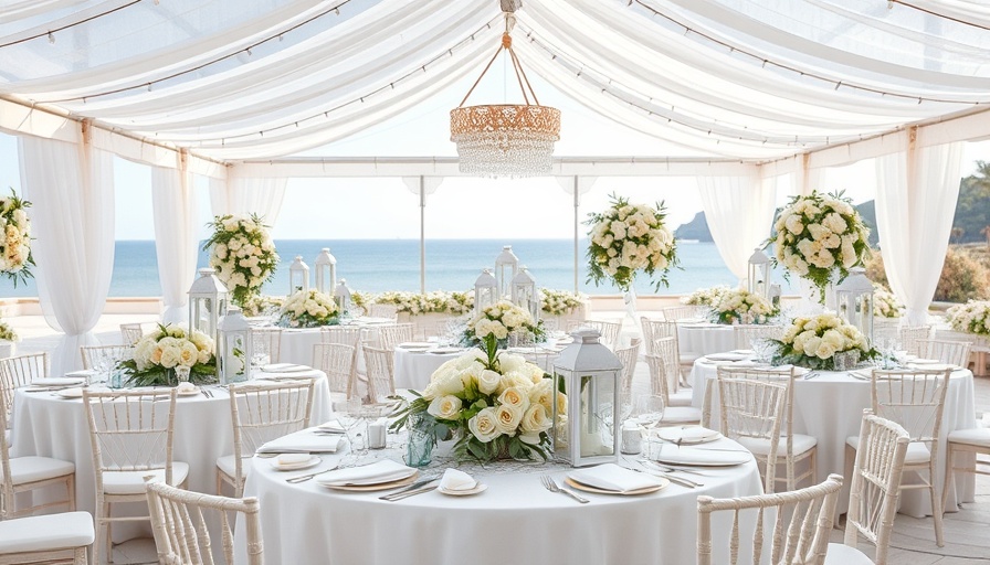 Elegant coastal wedding decor with lush floral details.