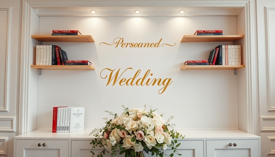 Elegant wedding decor with books, floral arrangement, and gold lettering.