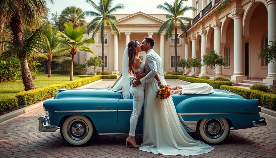 Elegant couple kissing at wedding venue by vintage car.