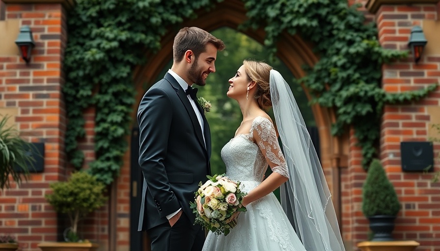 Elegant wedding couple in front of classic venue
