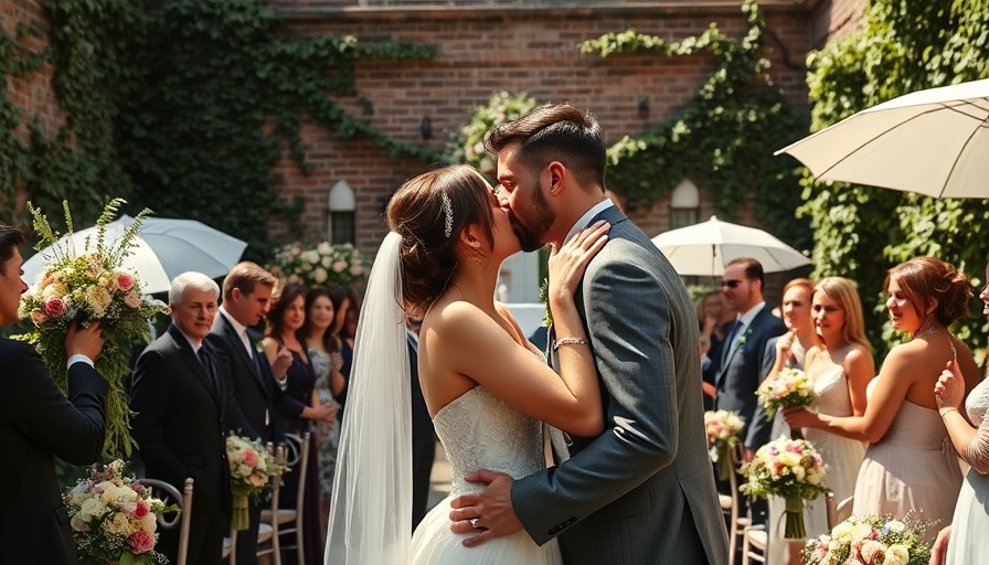 Bridgerton-Esque Wedding: couple kissing with floral arch