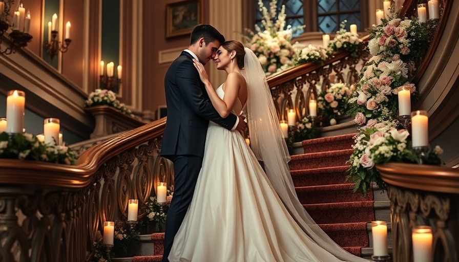 Elegant wedding scene with couple on ornate staircase.
