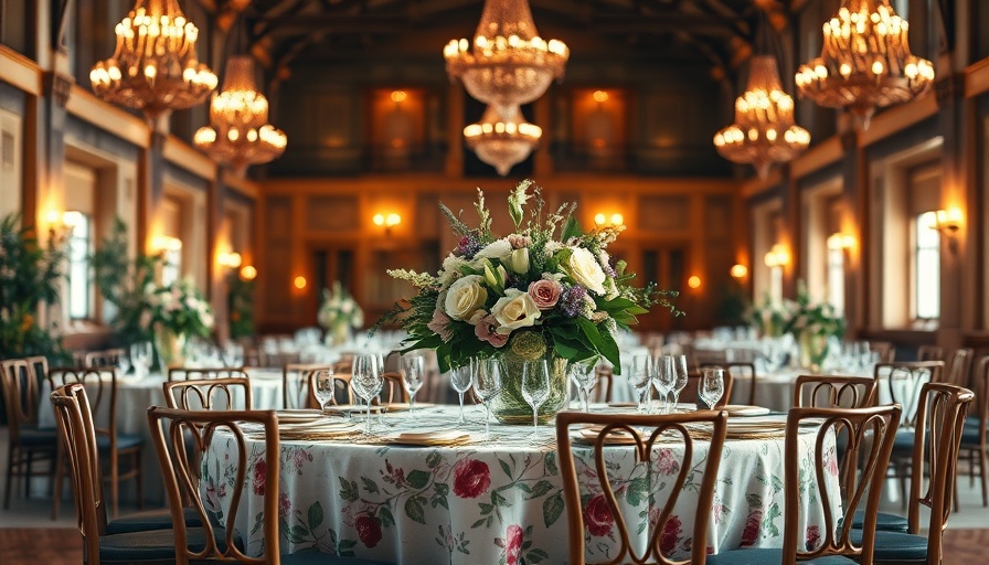 Elegant wedding venue with floral centerpiece and ambient lighting.