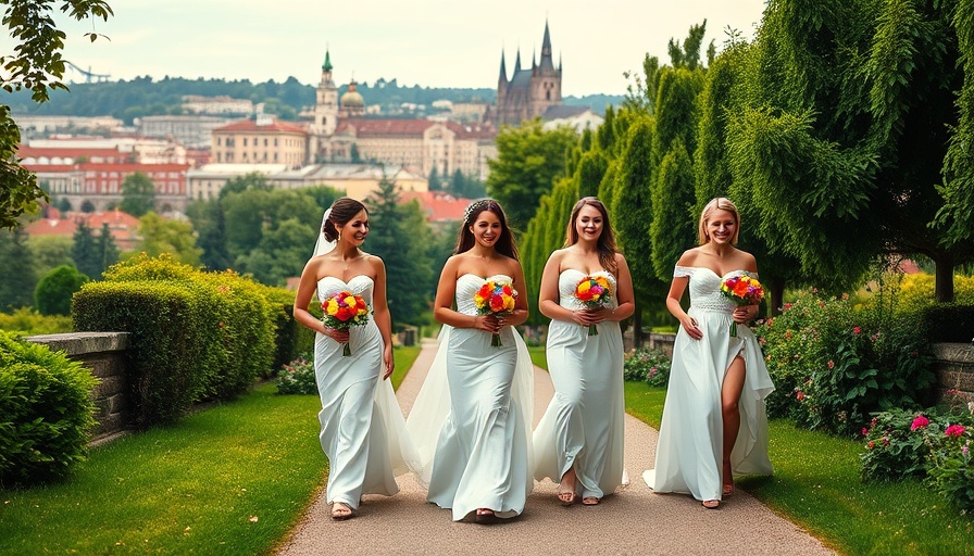 Al Fresco Wedding in Prague with bridal party in colorful dresses against cityscape.