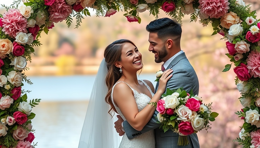 European-Inspired Boathouse Wedding: Couple under floral arch by lake.