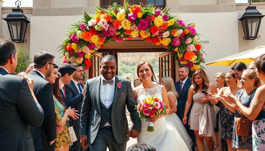 Newlyweds emerging under floral arch, vibrant wedding celebration, Wedding Vendors.