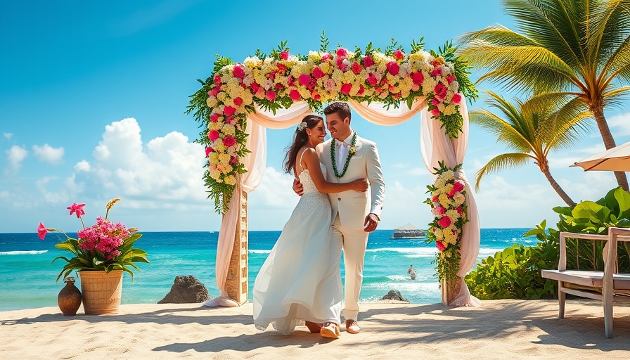 Elegant beachside wedding venue in Hawaii with bride and groom.
