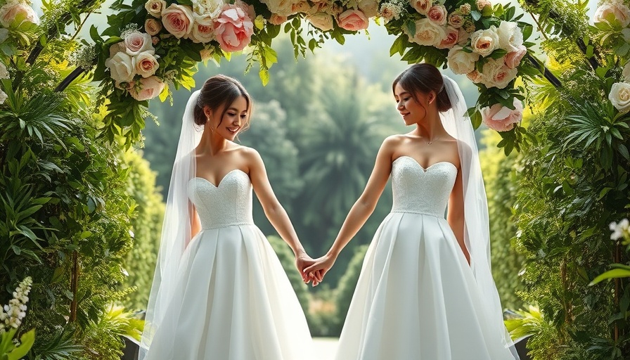 Elegant brides beneath floral arch in clean girl wedding design.